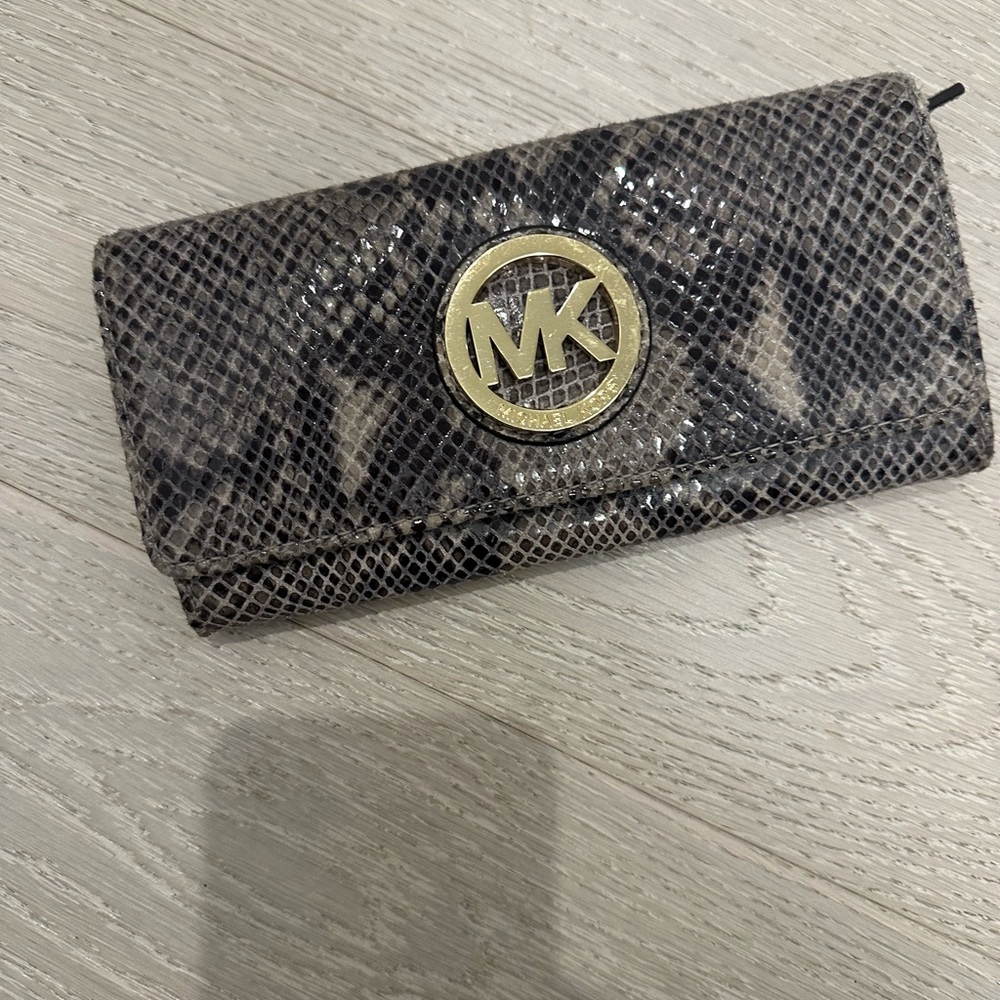 Michael Kors Gray Snake-Print Continental Wallet with Gold MK Emblem